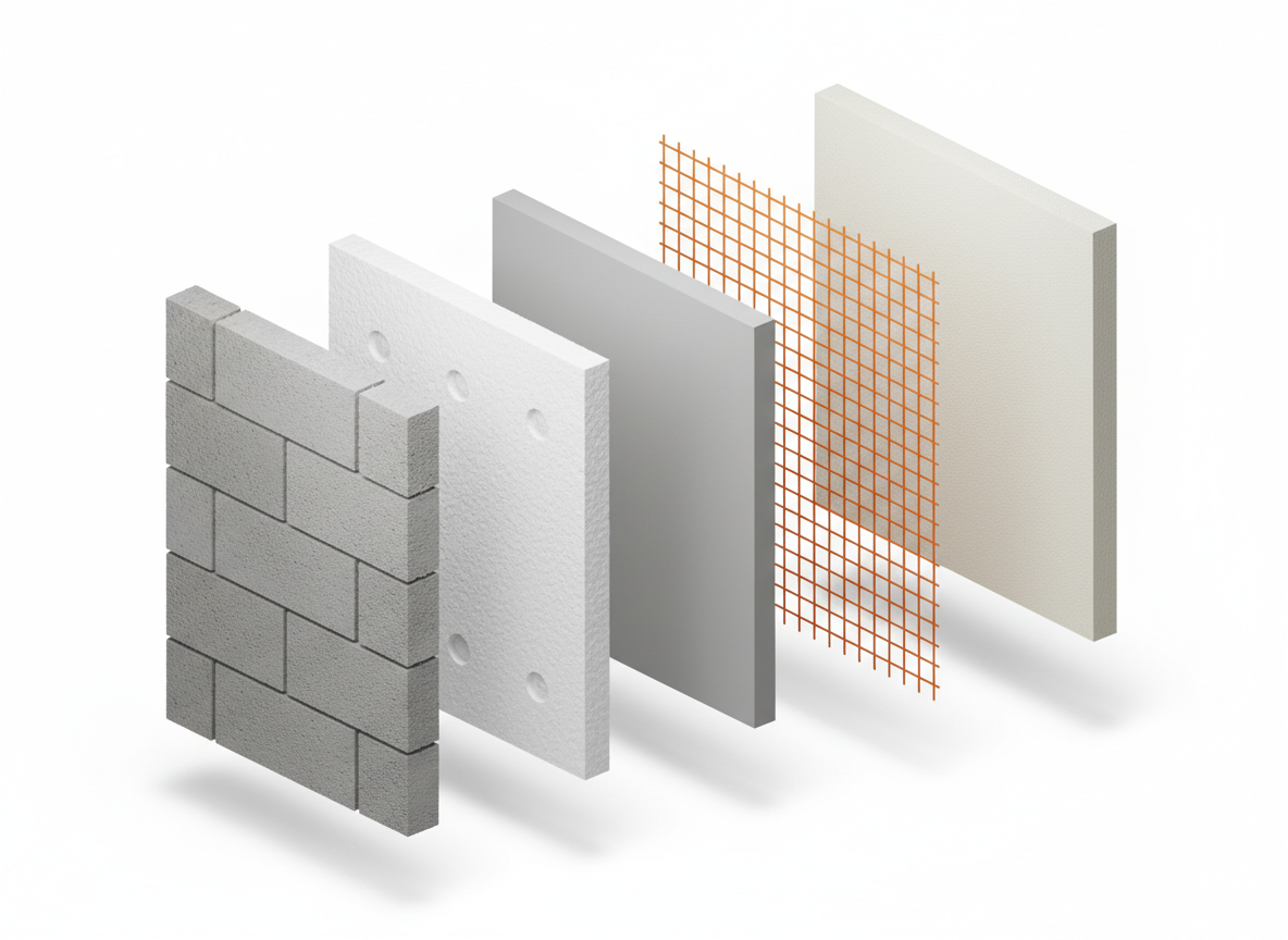 Schéma en coupe d'une isolation thermique par l'extérieur (ITE)